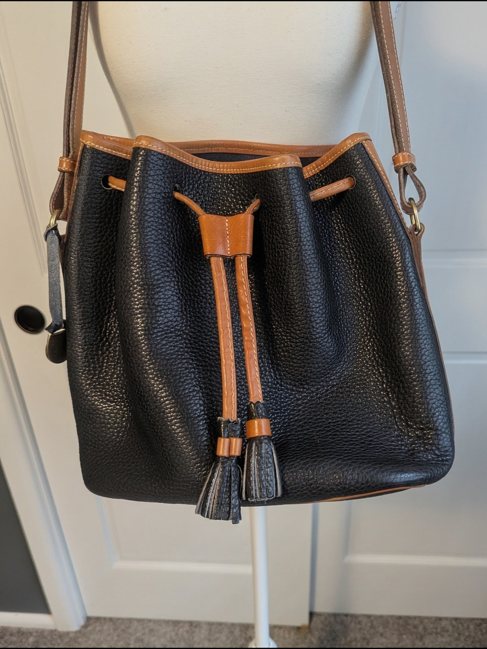 Dooney & Bourke Pebbled Leather Drawstring Bucket Bag - Black/Tan - Picture 4 of 6
